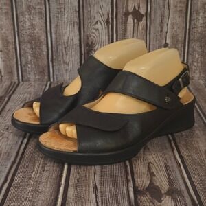 Sz 6.5 UK/ 9 US Womens Finn Comfort Black Leather Wedge Slingback Sandals VGUC!